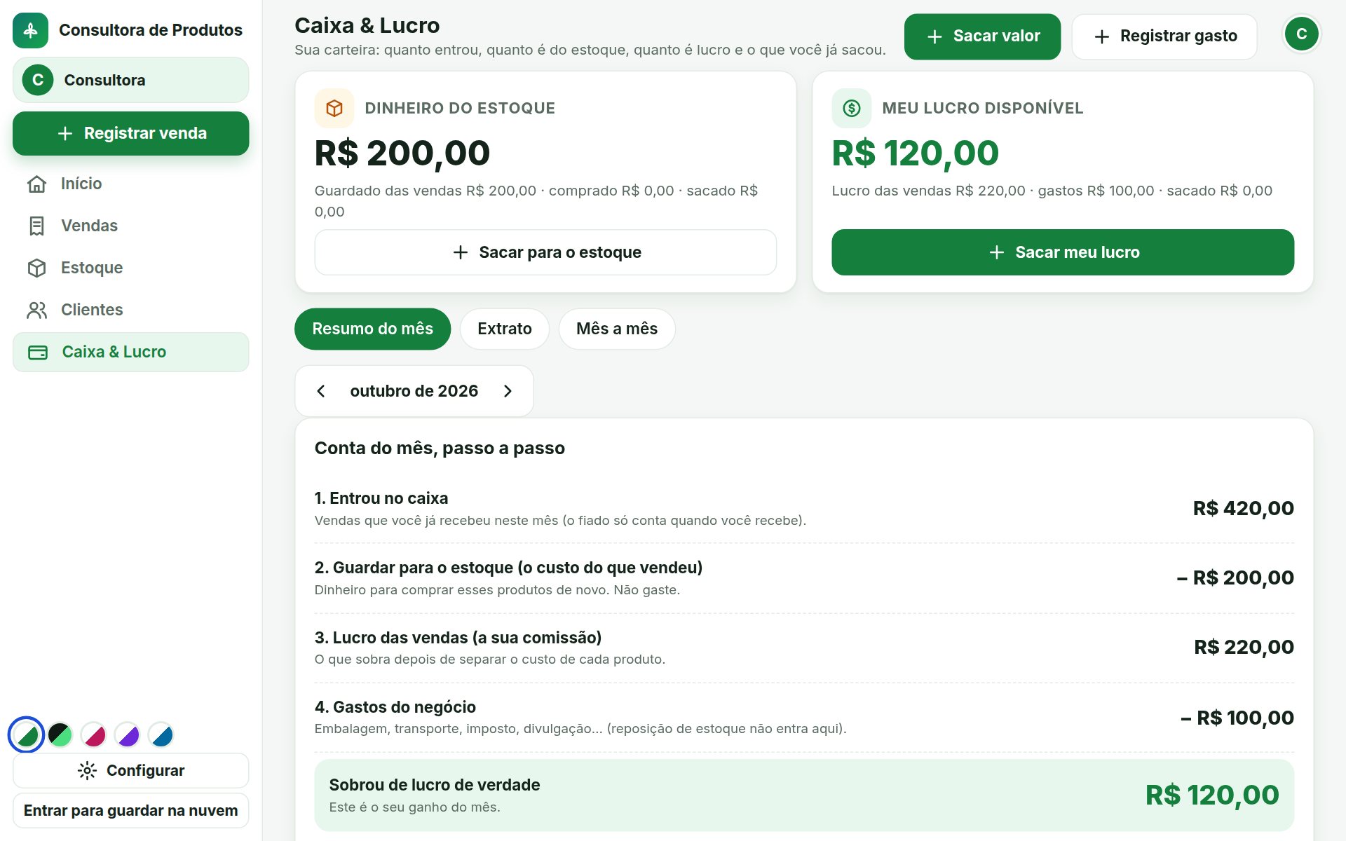 Tela de Caixa e Lucro com a carteira: dinheiro do estoque, lucro disponível e botões de sacar.