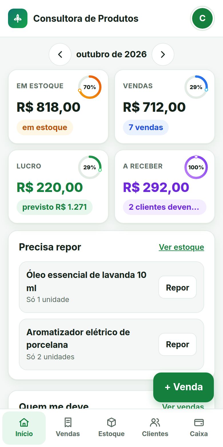 O mesmo painel no celular, com menu de baixo e botão de nova venda.